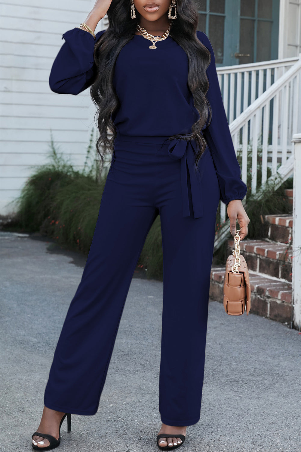 Boat Neck Tie Belt Jumpsuit